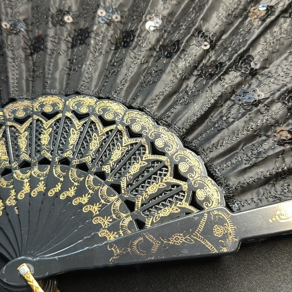 Pack of 6 - Elegantly Embroidered Handheld Fabric Fan with Sequins (Black) - Picture 10 of 14